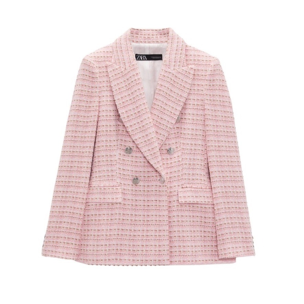 Zara Womens Pink Textured Double Breasted Tweed Blazer Jacket M
